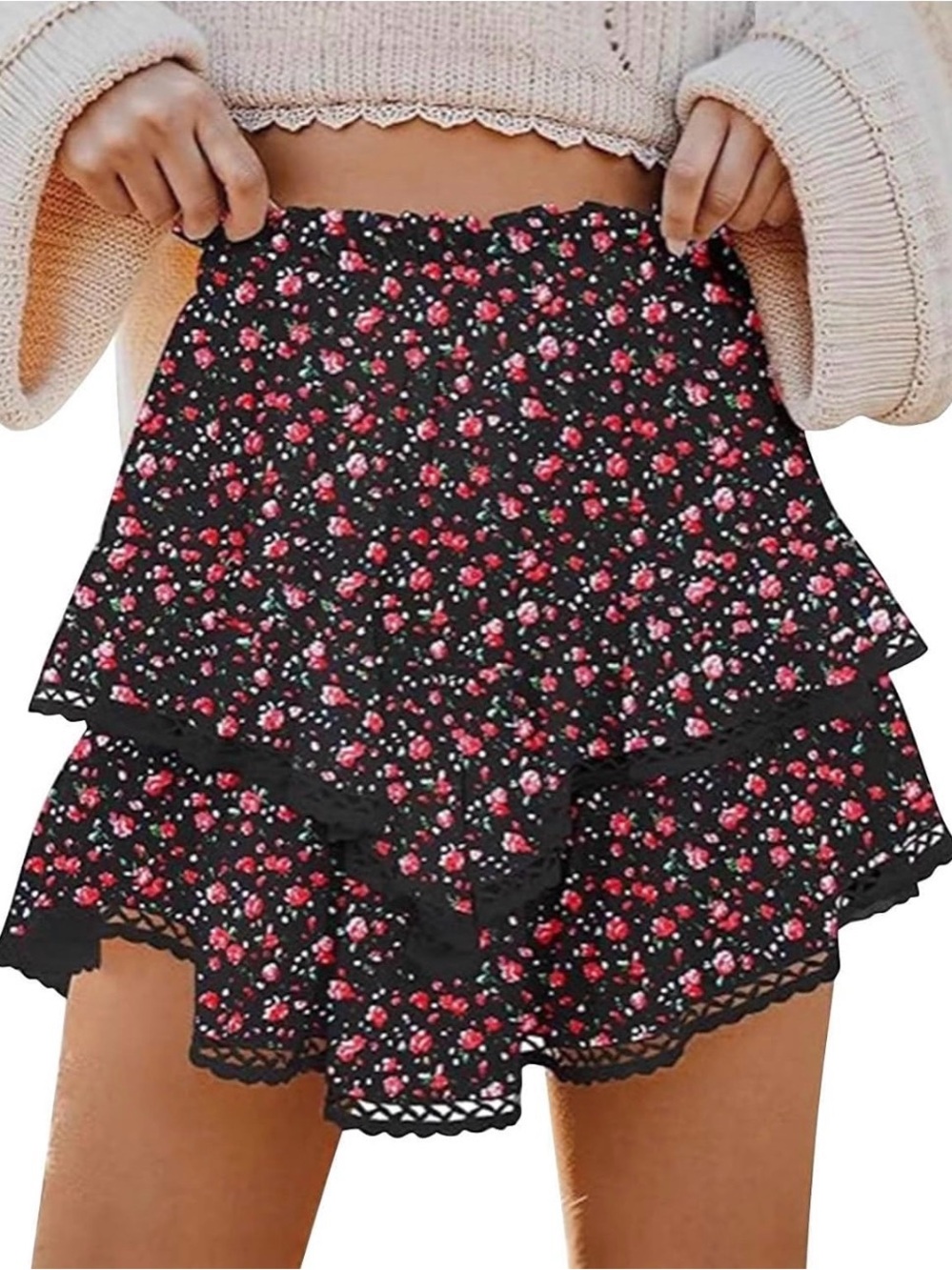TARSE Floral Tiered Skort Womens XL Black Pink Like New Ruffle Lace Trim Boho